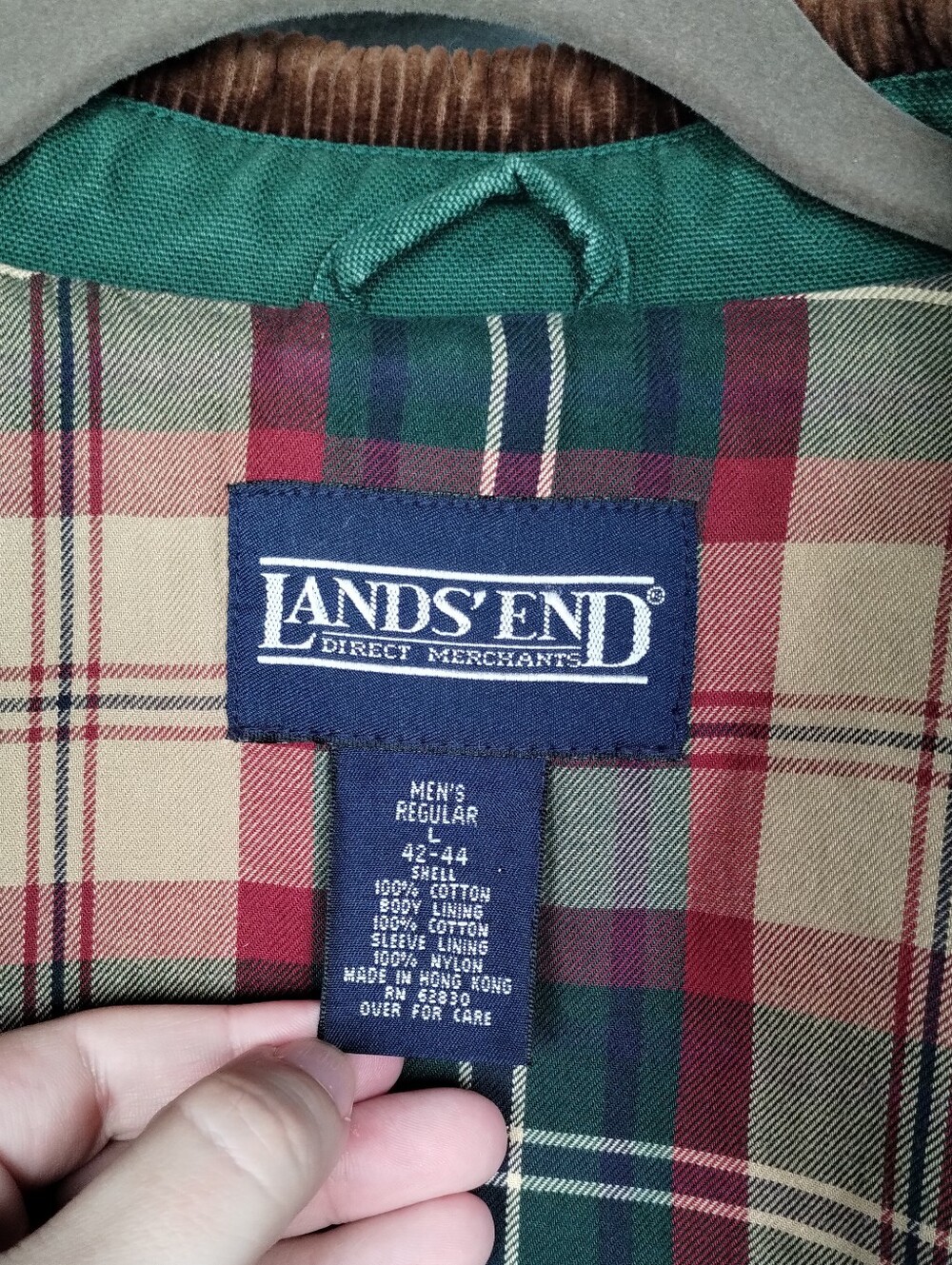 Lands' End Green Barn Jacket Chore Coat with Brown Corduroy Collar - Picture 3 of 16